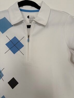 Izod White Quarter-Zip Polo with Light and Medium Blue Argyle